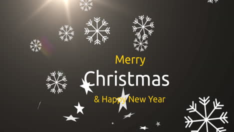 Animation-of-lens-flares,-snowflakes,-merry-christmas-and-happy-new-year-text-over-black-background