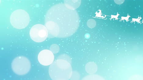 Animation-of-santa-claus-in-sleigh-pulled-by-reindeers-against-spots-of-light-on-blue-background