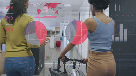 Animation-of-infographic-interface,-diverse-woman-with-bicycle-walking-and-discussing-with-coworker