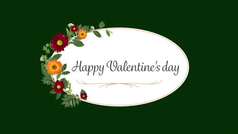 Animación-Del-Texto-Del-Feliz-Día-De-San-Valentín-Con-Flores-En-Forma-Ovalada-Sobre-Fondo-Verde