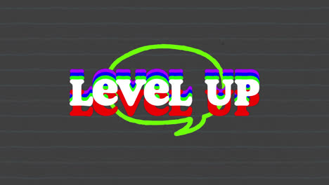 Animation-of-level-up-text-on-message-box,-cropped-hand-writing-with-markers-against-gray-background
