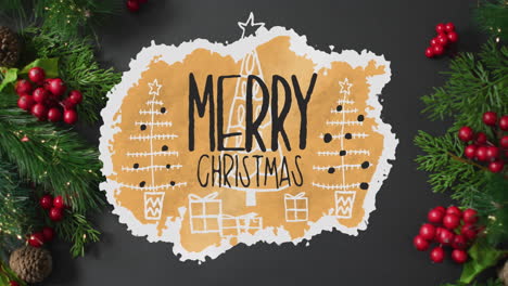 Animation-of-merry-christmas-text-and-christmas-trees-over-decorations-on-table