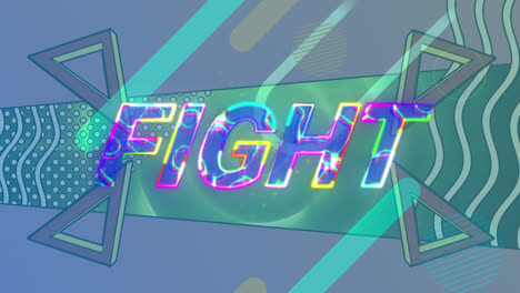 Animation-of-fight-text-banner-with-lightning-effect-against-abstract-shapes-on-purple-background