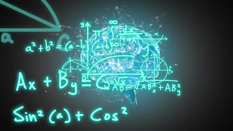 Animation-Mathematischer-Gleichungen-über-Leuchtendem-Menschlichem-Gehirn,-Das-Sich-Vor-Grauem-Hintergrund-Dreht