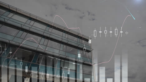 Animation-Der-Statistischen-Datenverarbeitung-Und-Blauer-Lichtfleck-Vor-Der-Ansicht-Eines-Hohen-Gebäudes
