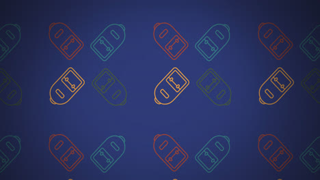 Animation-Mehrerer-Schultaschensymbole-In-Nahtlosem-Muster-Vor-Kopierraum-Auf-Blauem-Hintergrund