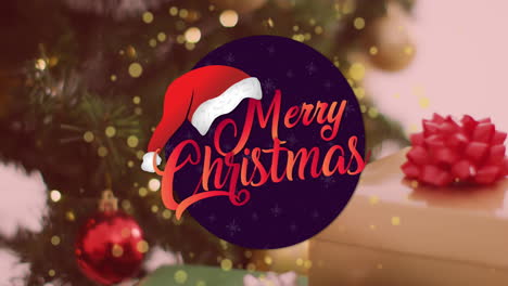 Animation-of-santa-hat-and-merry-christmas-text-in-circle-over-decorated-christmas-tree