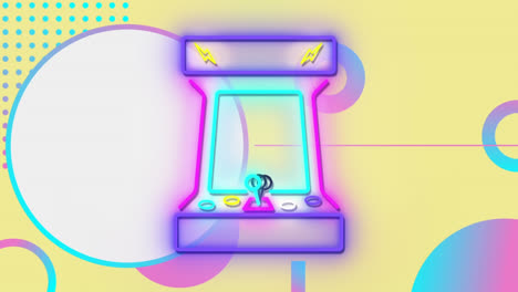 Animation-Eines-Neonfarbenen-Retro-Videospielsymbols-Vor-Abstrakten-Formenmustern-Auf-Gelbem-Hintergrund