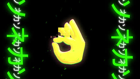 Animation-of-ok-hand-emoji-with-foreign-language-and-dots-particles-over-black-background