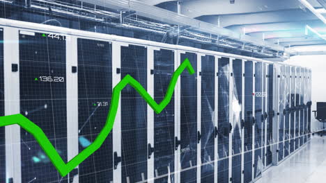 Animation-of-graphs,-changing-numbers-over-connected-dots-on-data-server-racks-in-server-room