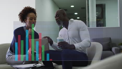 Animation-of-statistical-data-processing-over-african-american-man-and-woman-discussing-at-office