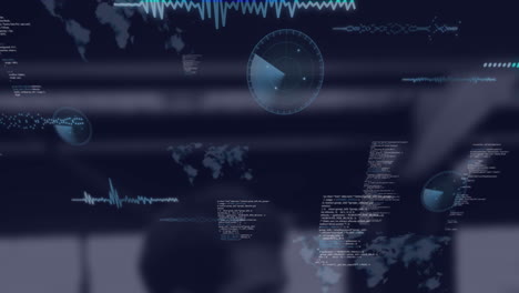 Animation-of-maps,-radars,-sound-waves-and-computer-language-over-abstract-background