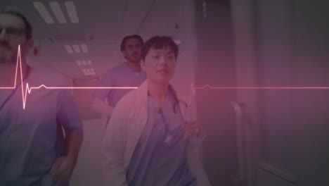 Animation-of-heart-rate-monitor-against-team-of-diverse-doctors-running-in-hospital-corridor