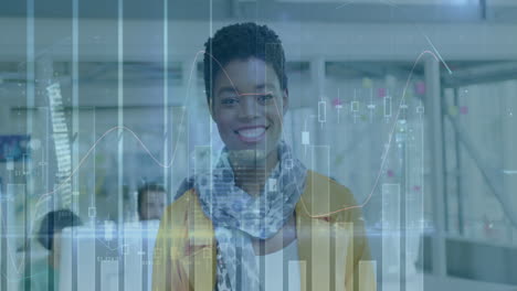 Animation-of-multiple-graphs-with-changing-numbers-and-buildings-over-smiling-biracial-woman