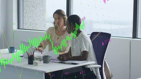 Animation-of-multiple-graphs-with-changing-numbers,-diverse-female-coworkers-discussing-on-desk