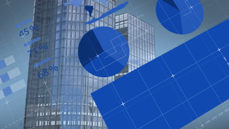 Animation-of-blue-colored-infographic-interface-over-modern-buildings-against-sky