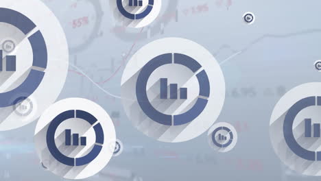 Animation-of-bar-graph-icons-floating-over-stock-market-data-processing-against-grey-background