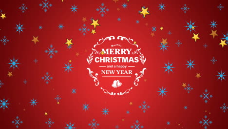 Animation-of-merry-christmas-and-a-happy-new-year-text-with-stars-and-snowflakes-over-red-background