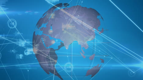 Animation-Der-Datenverarbeitung-Und-Des-Netzwerks-Von-Verbindungen-über-Einem-Sich-Drehenden-Globus-Auf-Blauem-Hintergrund