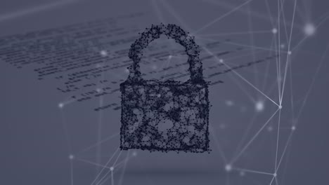 Animation-of-connected-dots-padlock-with-computer-language-and-connected-dots-over-white-background