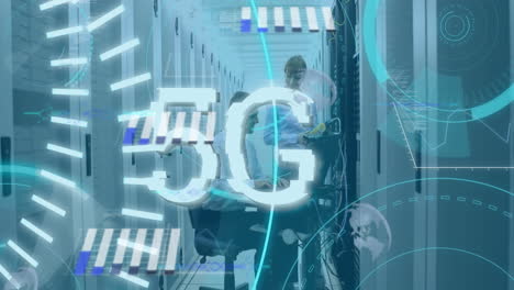 Animation-of-5g-text-banneer-against-diverse-male-and-female-engineers-working-at-server-room
