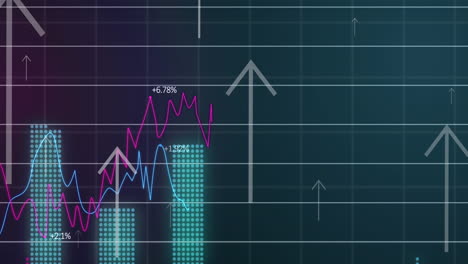 Animation-of-up-arrows-with-multiple-graphs-and-changing-numbers-over-black-background