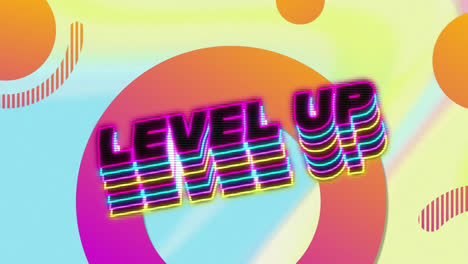 Animation-of-neon-level-up-text-banner-against-abstract-shapes-pattern-on-gradient-background