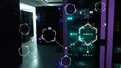Animation-of-chemical-structures-floating-against-computer-server-room