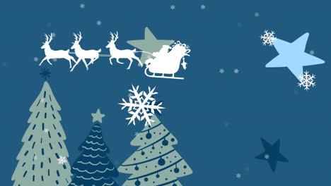 Animation-Von-Schneeflocken-über-Dem-Weihnachtsmann-Im-Schlitten,-Der-Von-Rentieren-Gezogen-Wird,-Und-Weihnachtsbaumsymbolen