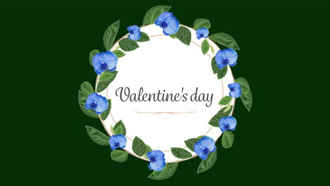 Animation-of-valentine's-day-text-with-flowers-and-leaves-in-circle-on-green-background