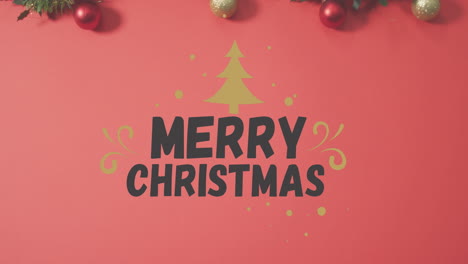 Animation-of-merry-christmas-text-and-tree-icon-over-baubles-and-leaves-against-red-background