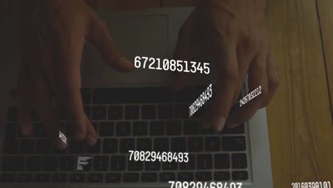 Animation-of-changing-numbers,-letters,-cropped-hands-of-caucasian-man-typing-on-laptop
