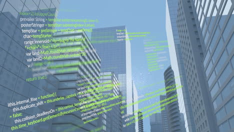 Animation-of-computer-language-over-low-angle-view-of-modern-buildings-against-sky