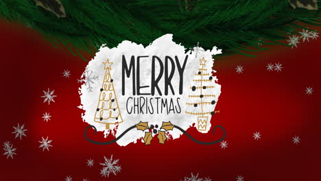 Animation-of-merry-christmas-text-with-trees-and-leaves-and-falling-snowflakes-over-red-background