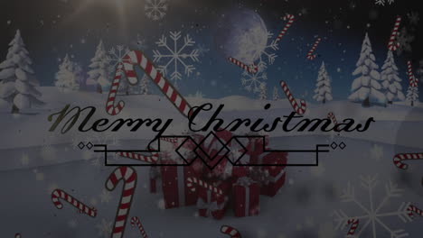 Animation-Von-Texten-Zu-Frohen-Weihnachten,-Fallenden-Stöcken-über-Schneebedeckten-Bergen-Und-Bäumen-Vor-Dem-Mond
