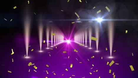 Animation-of-confetti-falling-and-illuminated-lights-moving-on-abstract-background
