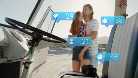 Animation-of-notification-bars-over-caucasian-couple-standing-and-hugging-at-beach