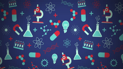 Animation-of-multiple-science-concept-icons-against-copy-space-on-blue-background