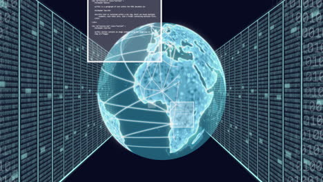 Animation-Von-Binärcodes,-Computersprache,-Rotierendem-Globus-Und-Server-Racks-Auf-Schwarzem-Hintergrund