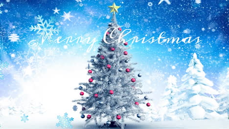 Animation-of-snowflakes-over-merry-christmas-text,-decorated-christmas-tree-on-abstract-background
