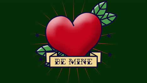 Animation-Von-„Be-Mine“-Text-Mit-Roter-Herzform-Auf-Grünem-Hintergrund