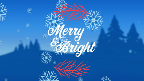 Animation-of-merry-christmas-text-with-pine-trees-and-snowflakes-moving-on-blue-background
