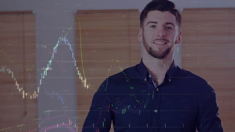 Animation-of-multiple-graphs-with-changing-numbers-over-smiling-caucasian-man-standing-in-office
