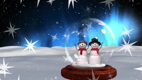 Animation-of-stars,-snowman-in-sphere-on-snow-covered-land-with-lens-flares-against-space