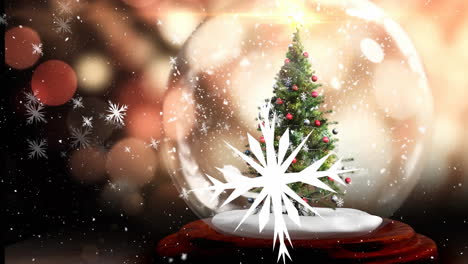 Animation-of-snowflakes-and-snowfall-over-decorated-tree-in-glass-sphere-against-lens-flares