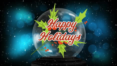 Animation-of-happy-holidays,-cherries-and-leaves-on-glass-globe-over-snowfall-and-lens-flares