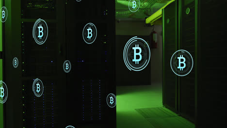Animation-of-multiple-bitcoin-symbols-floating-against-computer-server-room