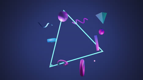 Animation-of-triangular-and-abstract-shapes-spinning-against-copy-space-on-blue-background
