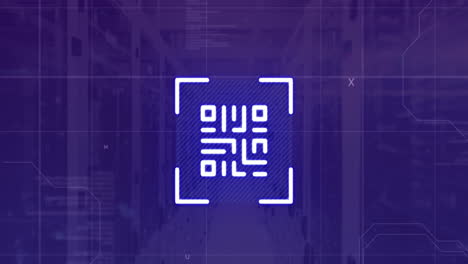 Animation-of-neon-qr-code-scanner-and-data-processing-against-computer-server-room