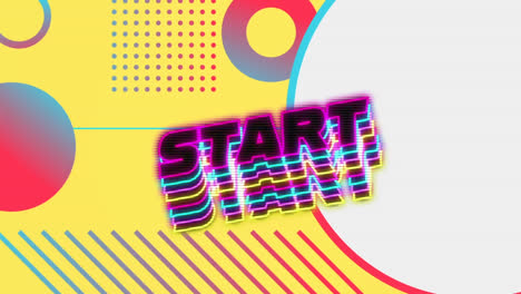 Animation-of-neon-start-text-banner-against-abstract-shapes-pattern-on-yellow-background